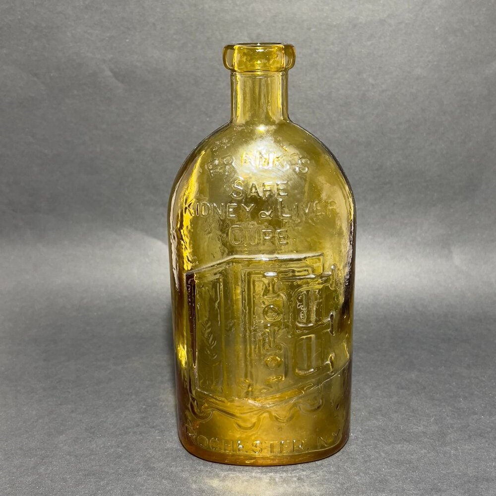 Vtg Franks Safe Wheaton Yellow Glass Bottle Cure Quack Medicine Rochester NY